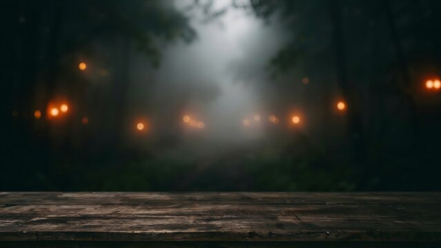 Empty wooden table with blurred forest background and glowing lights for Halloween display