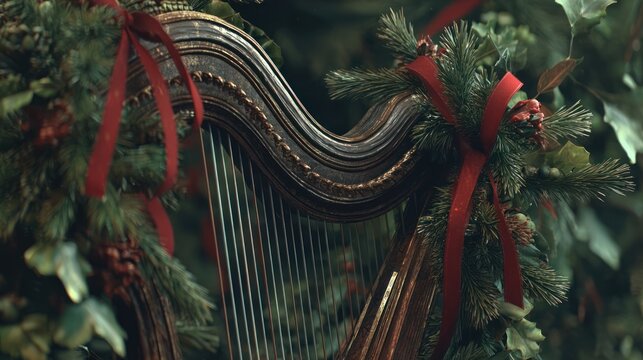 Festive lyre instrument decorated with evergreen branches and red ribbons,