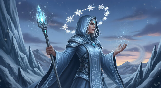 Enchanting ice queen conjures magic with crystal staff amidst a frozen winter wonderland landscape