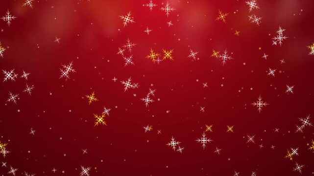 Elegant deep crimson red background with falling white and gold snowflakes. This seamless winter motion graphic loop is perfect for festive Christmas holiday video designs.