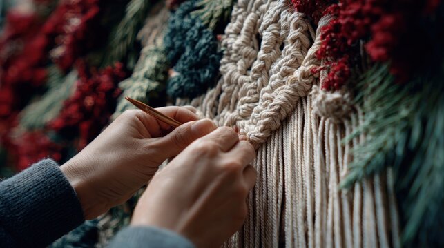 Festive macrame workshop with holiday wall hangings being knotted,