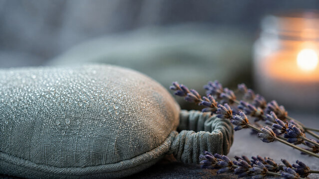 Soft fabric pouch with water droplets and lavender flower for somatic healing and relaxation in spa setting