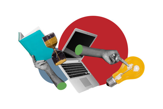 Collage picture laptop digital device hands body fragments finger pointing eureka idea lightbulb electrical power sandwatch copybook
