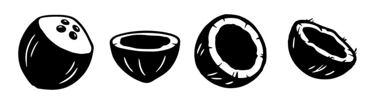 Coconuts: Black and white silhouette set of whole and halved coconuts  isolated on white background