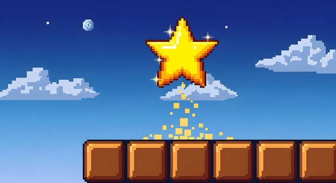 Retro pixel art star power-up bursts from block platform against a vibrant blue sky with fluffy clouds