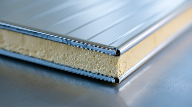 Close up of an insulated metal panel cross section for a bright cold storage room wall construction no people bright insulated metal panel cold storage room polyurethane foam
