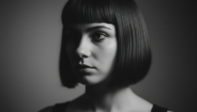 Dramatic black and white portrait, young woman with blunt bob haircut, studio shadows
