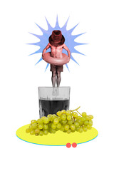 Naklejka premium Poster image vertical photo collage of anonym man jump cognac glass pool imitation instead head hat wear lifebuoy torso grape berry