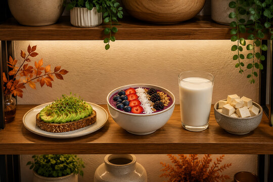 Avocado toast, berry smoothie bowl, almond milk and tofu cubes on retail shelf, seasonal healthy food display concept