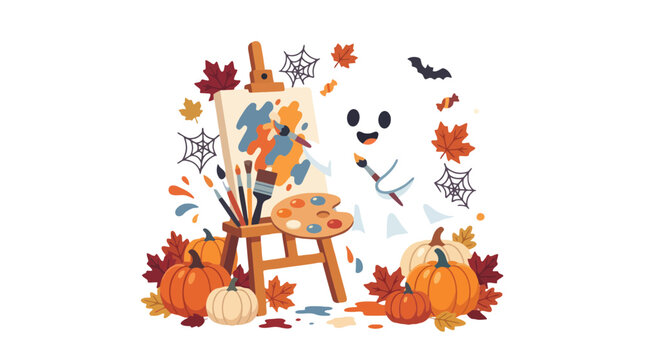 Cute ghost artist painting on a canvas with autumn pumpkins