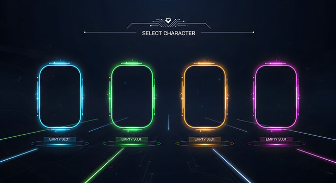 Dynamic sci-fi character selection screen with glowing neon slots and futuristic circuit board background, perfect for gaming interfaces and digital experiences.