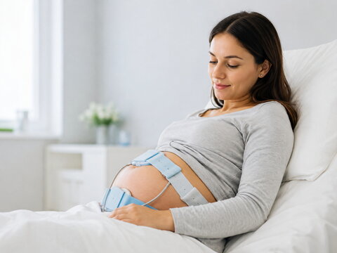 Pregnant Woman Resting During Fetal Monitoring in Maternity Clinic