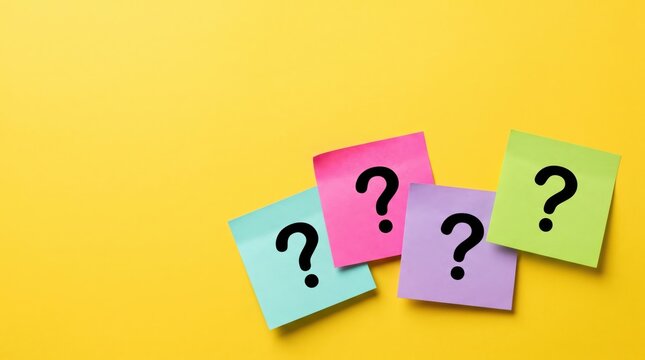 Colorful sticky notes with black question marks arranged neatly on a bright yellow background for creative brainstorming and problem solving