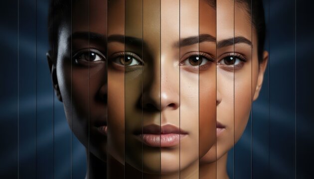 Futuristic female face split portrait, diverse women collage, AI identity concept photo
