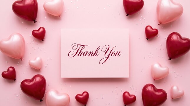 Thank you note displayed on a soft pastel background surrounded by various shades of pink and red heart shaped balloons