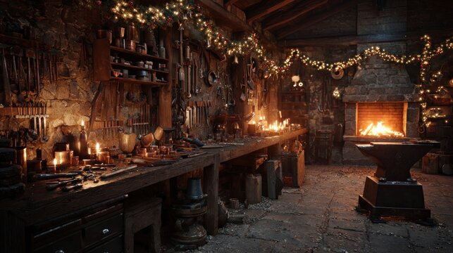 Festive metalworking studio with decorative holiday pieces being forged,