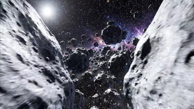 Flying through a dense asteroid field in deep space with glowing blue crystal cores