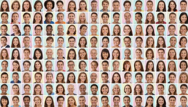 Diverse portrait collage, multicultural people headshots grid, smiling faces background