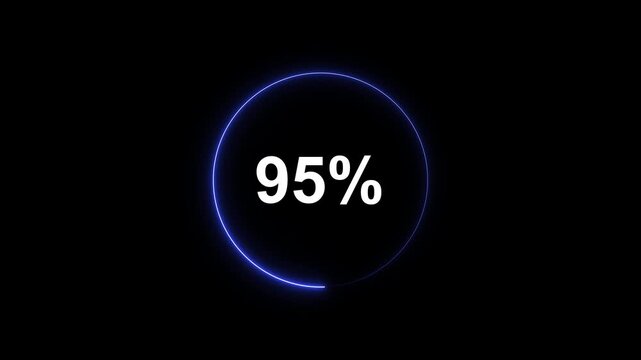 95 percent loading progress circle animation with glowing blue neon ring on black background, ninety-five percent