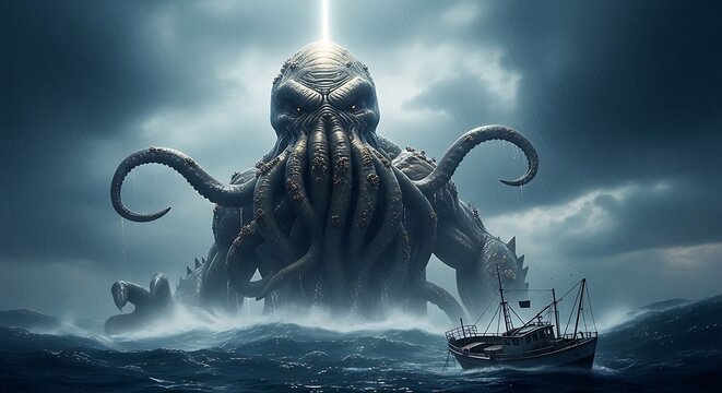 Giant sea monster with tentacles emerging from stormy ocean waves