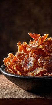Tasty fried pork belly dish, prepared and ready to enjoy, featuring crispy pork rinds