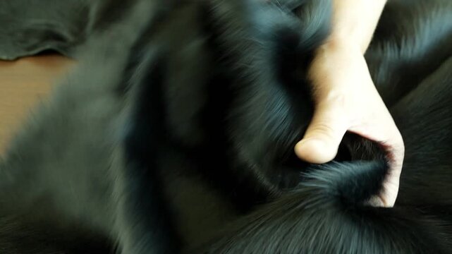 Hands revealing the texture of black pony hair leather in close-up