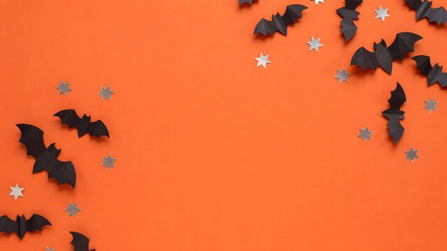 Halloween background with black paper bats and silver glitter confetti on orange surface