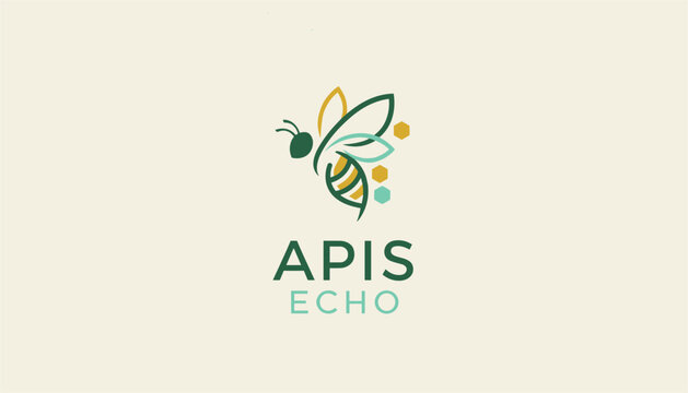 Elegant line art logo of a bee with yellow and green accents, featuring apis echo text on a clean off-white background.
