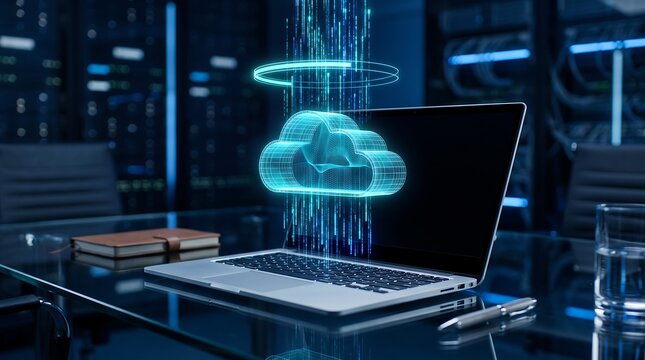 Futuristic cloud computing data center hologram with glowing cloud storage data transfer and sync stream over laptop on glass desk in server room concept