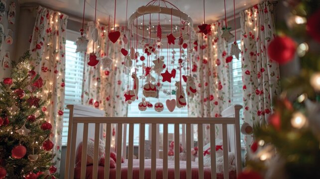 Festive nursery with baby's first Christmas decorations and mobile,