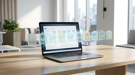 Fototapeta premium Futuristic task management and workflow automation hologram with glowing checkmark documents and checklist cards floating over laptop in modern office concept