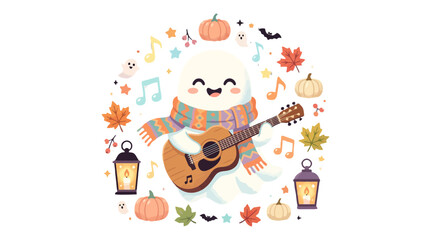Fototapeta premium Cute halloween ghost playing acoustic guitar with autumn icons