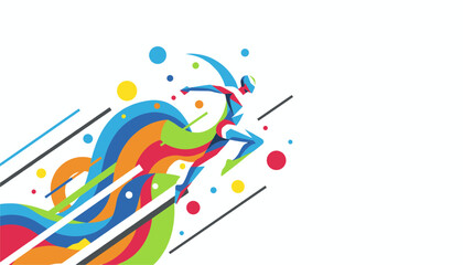 Obraz premium Dynamic vector illustration of a stylized colorful runner sprinting with bright ribbons on a white background.