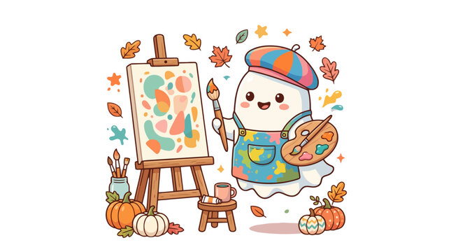 Cute ghost artist painting on canvas with autumn leaves and pumpkins