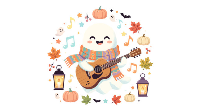 Cute halloween ghost playing acoustic guitar with autumn icons