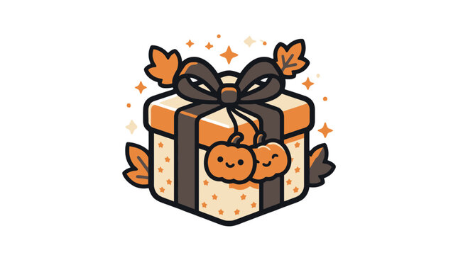 Halloween gift box with cute pumpkin charms and autumn leaves