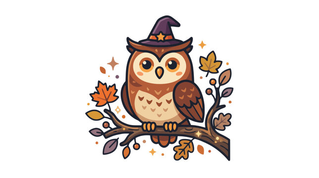 Cute halloween owl wearing a witch hat perched on a tree branch