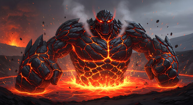 Powerful lava golem emerges from molten rock, radiating intense heat and fiery energy in a dramatic volcanic landscape.