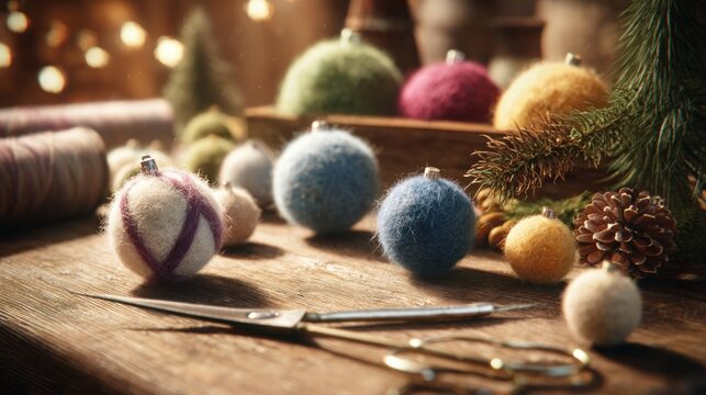 Festive needle felting station with Christmas ornaments being sculpted,