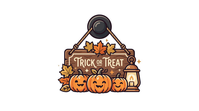 Halloween wooden sign with cute pumpkins and lantern vector