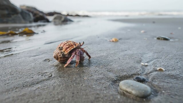 Small hermit crab crawling across wet sandy beach shoreline during low tide daylight with textured spiral shell
