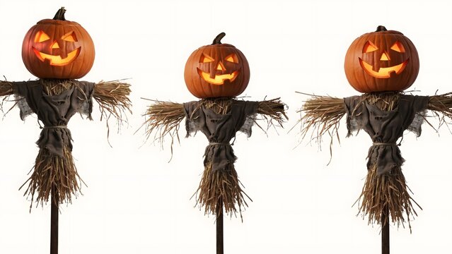 Three handmade Halloween scarecrows with glowing jack-o-lantern heads on wooden stakes against white background
