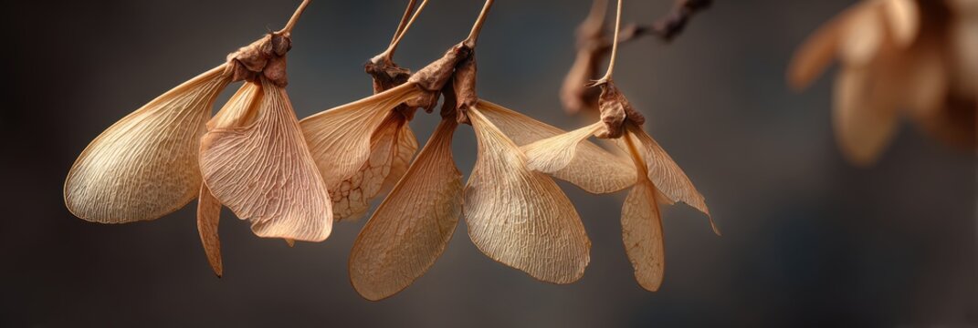 Isolated winged seed pods and foliage from a tree on a white background