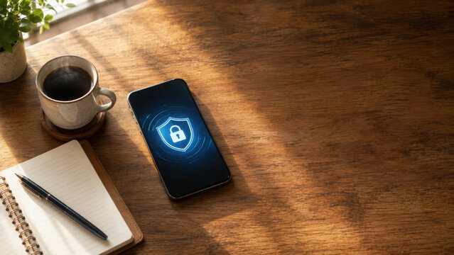 Mobile phone with security lock icon on screen near notebook pen and coffee cup on wooden table with ccpa concept