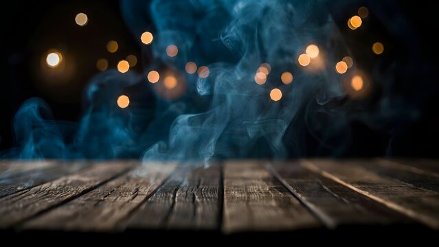 Mysterious blue smoke rising over a rustic wooden table with golden bokeh light background