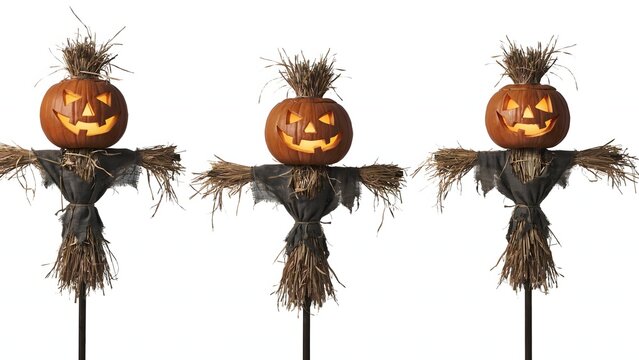 Three Halloween scarecrows with carved pumpkin heads isolated on white background