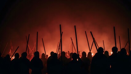 Fototapeta premium Silhouettes of armed medieval warriors marching at dusk during epic battle reenactment