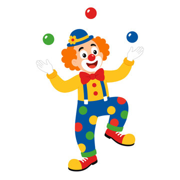 Cheerful Circus Clown Juggling Colorful Balls in Funny Costume Flat Vector Illustration Isolated on White Background