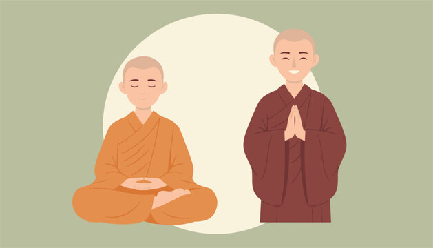 Peaceful scene of two monks in traditional robes practicing meditation and prayer in a calm and spiritual environment.