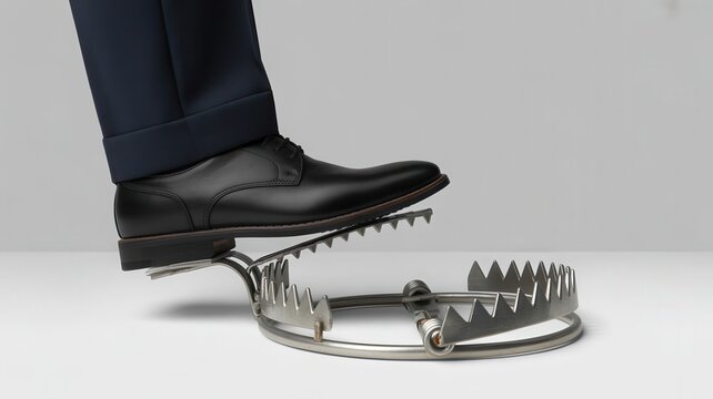 Businessman stepping into a metal bear trap as a risk metaphor